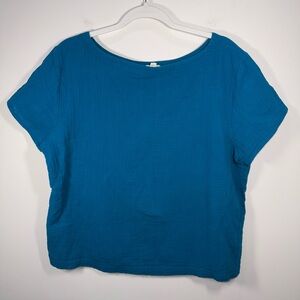 Eileen Fisher Womens Teal Blue Short Sleeve Organic Cotton Muslin Top Size Large